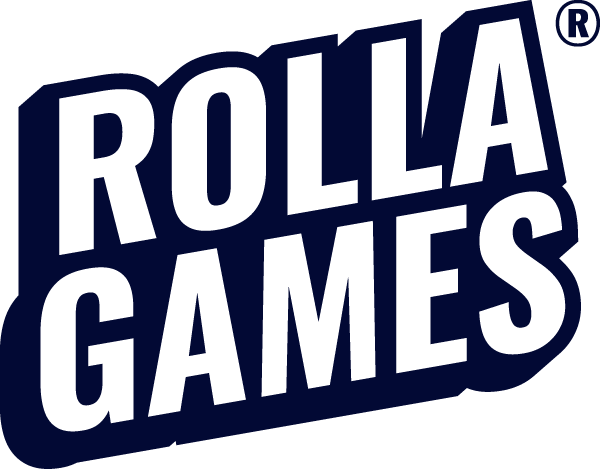 Navy blue Rolla Games logo on white background.