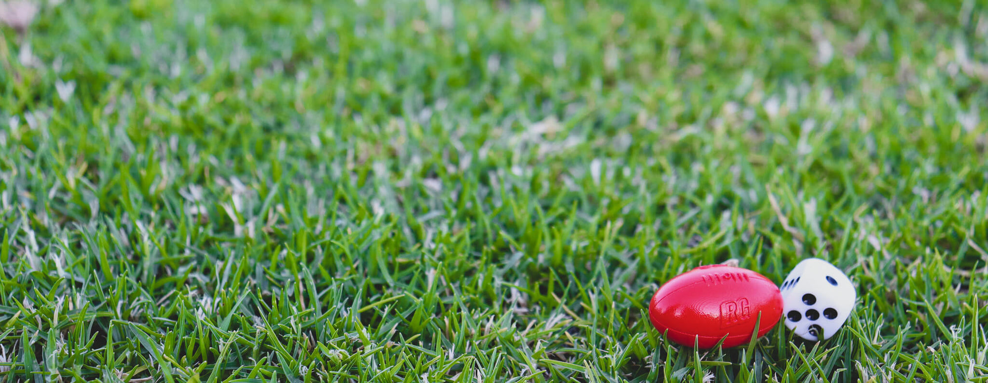 Mad for Footy dice and football counter resting on grass.
